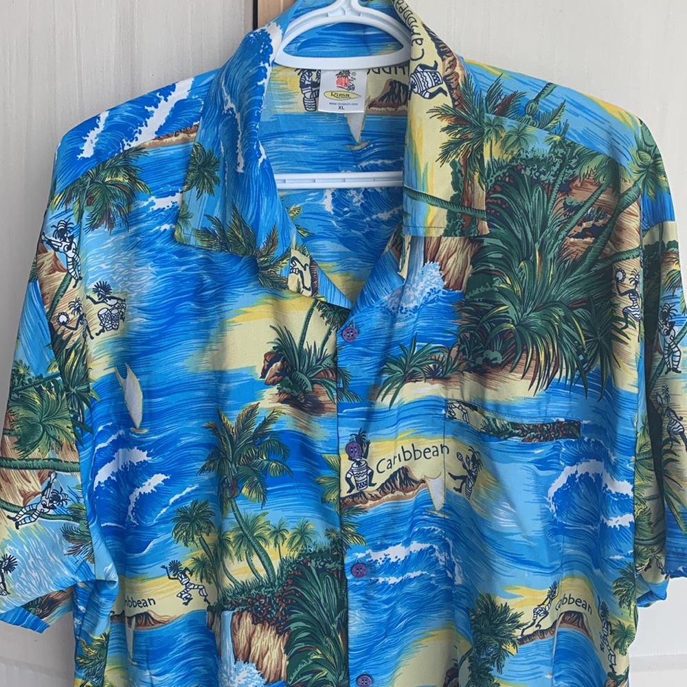 Rima tropical pattern Carribean party shirt, Blue/Yellow, size XL